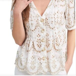 Anthropologie Feather Bone Rare Embroidered Scalloped Boho Button Down Top 0/XS